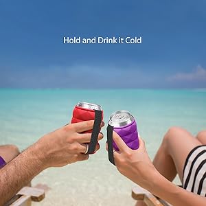 Couple hanging out beach with can sleeves